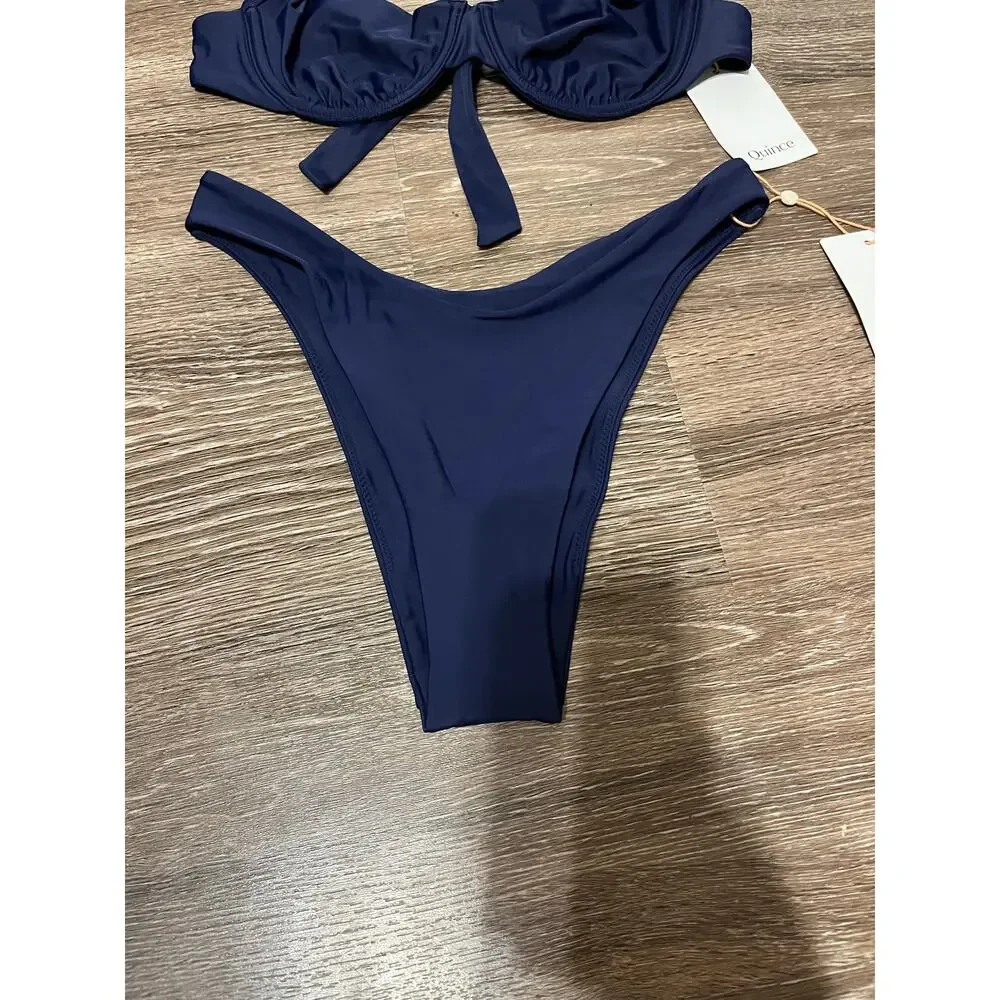 Quince Italian Demi Bikini Top and High Leg Bikini Bottom in Deep Navy Size S